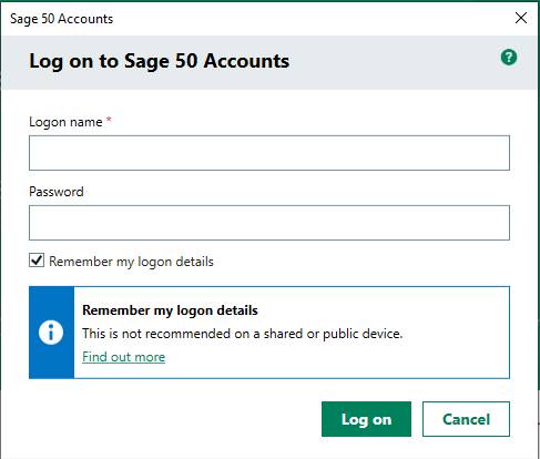 Sage v28.1 Remember Logon Details